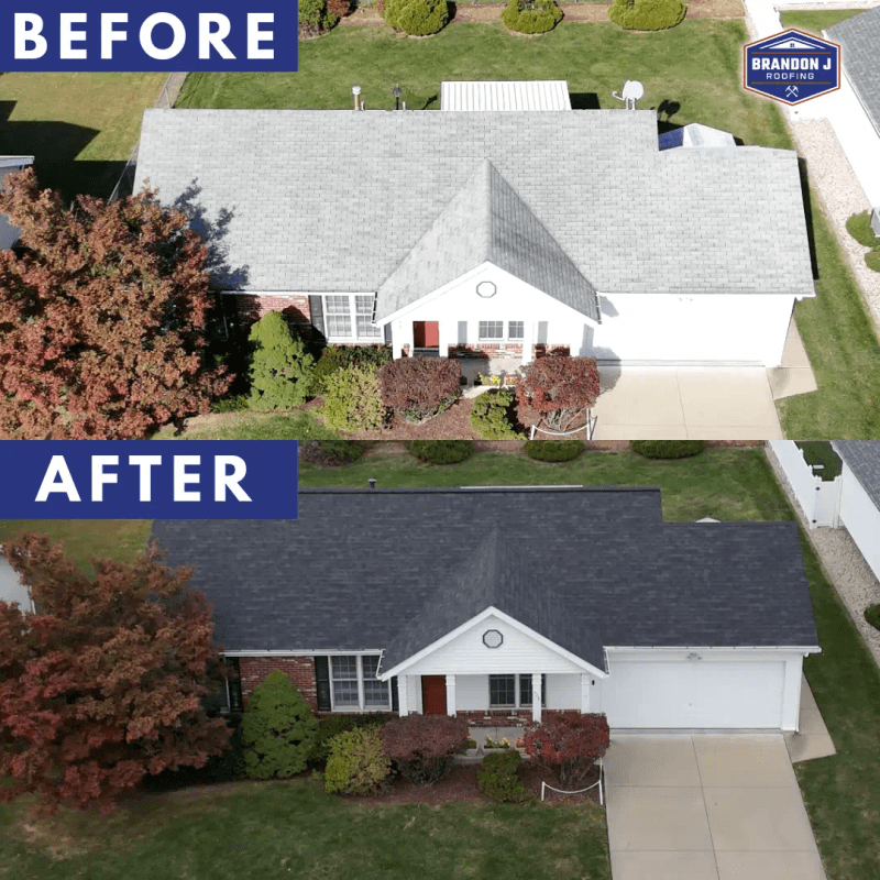 Full roof replacement in St. Charles, Missouri showing before and after with Owens Corning Duration shingles