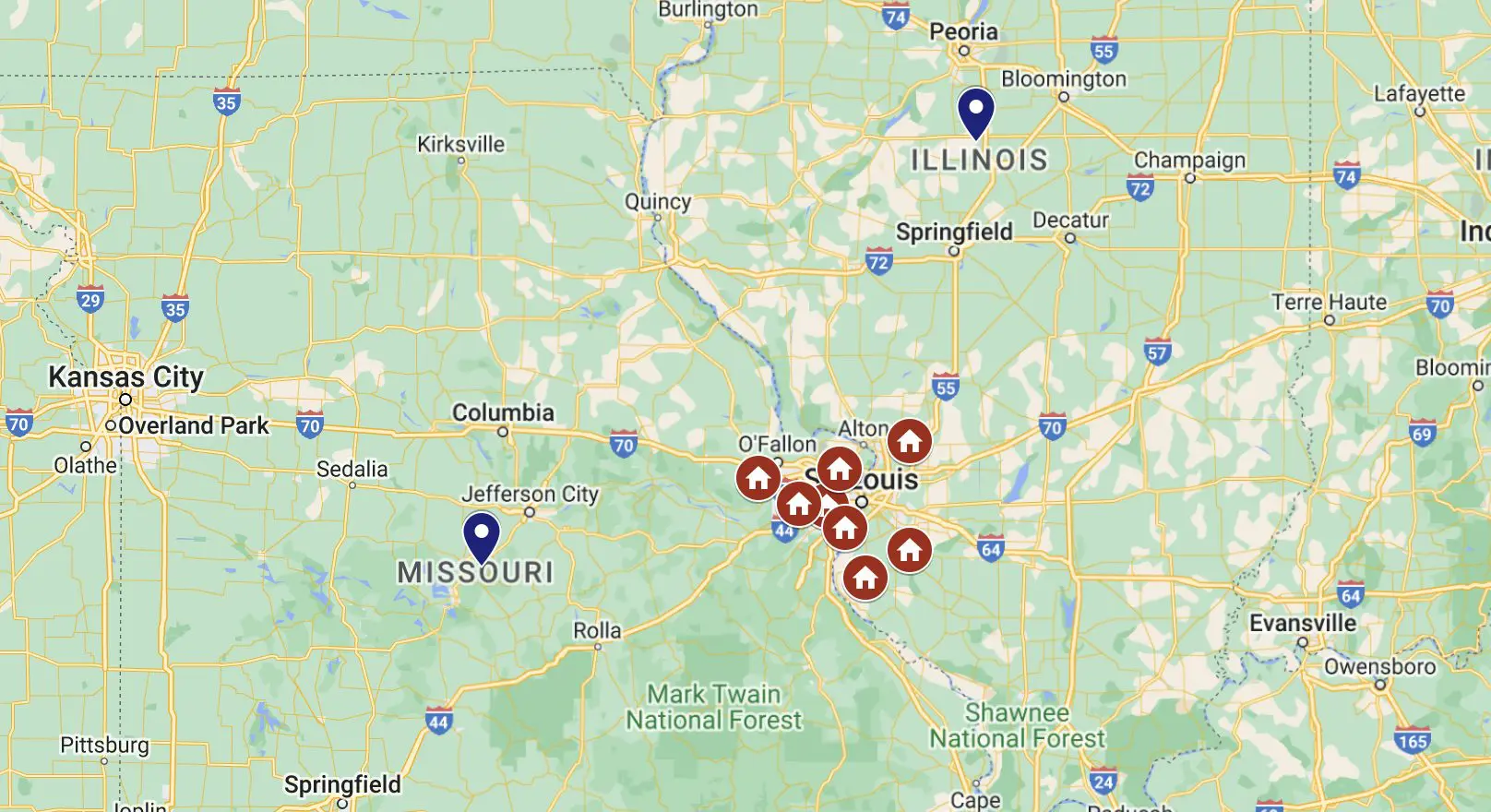 Map showing Brandon J Roofing service areas near Kansas City and St. Louis