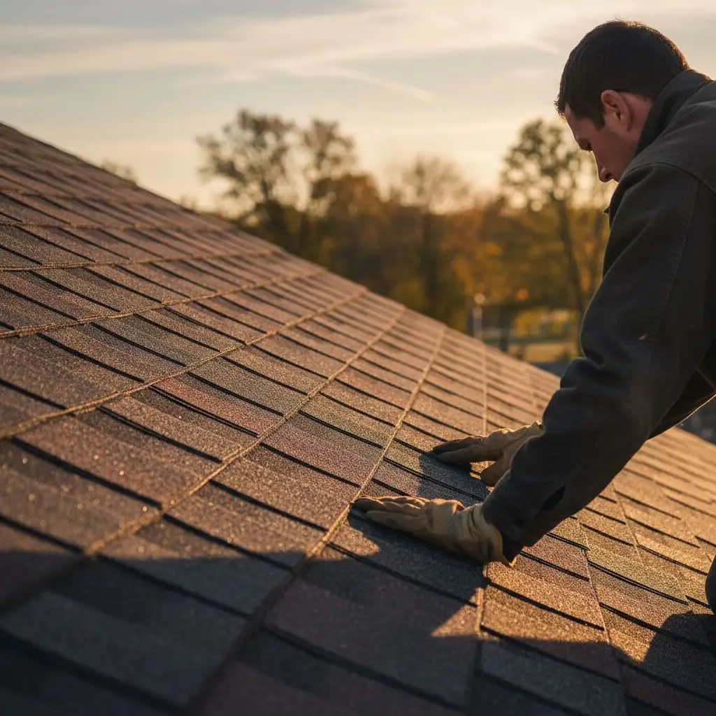 A roofer inspects shingles up close to determine the roof lifespan.