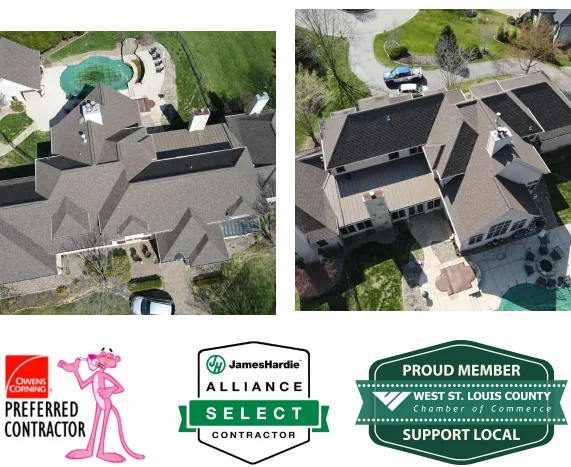 Aerial view of houses with roofing certifications in St Louis County